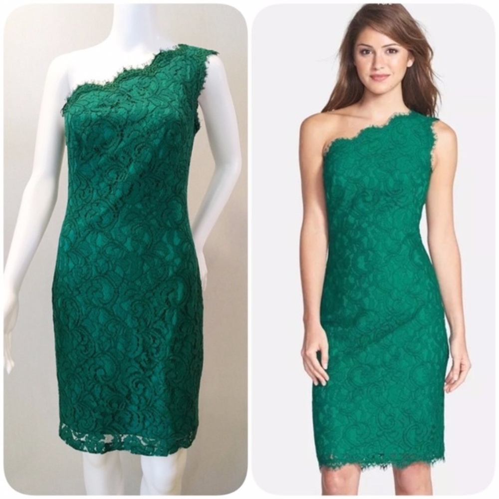 Tadashi Shoji Green Lace Sheath One Shoulder Dress